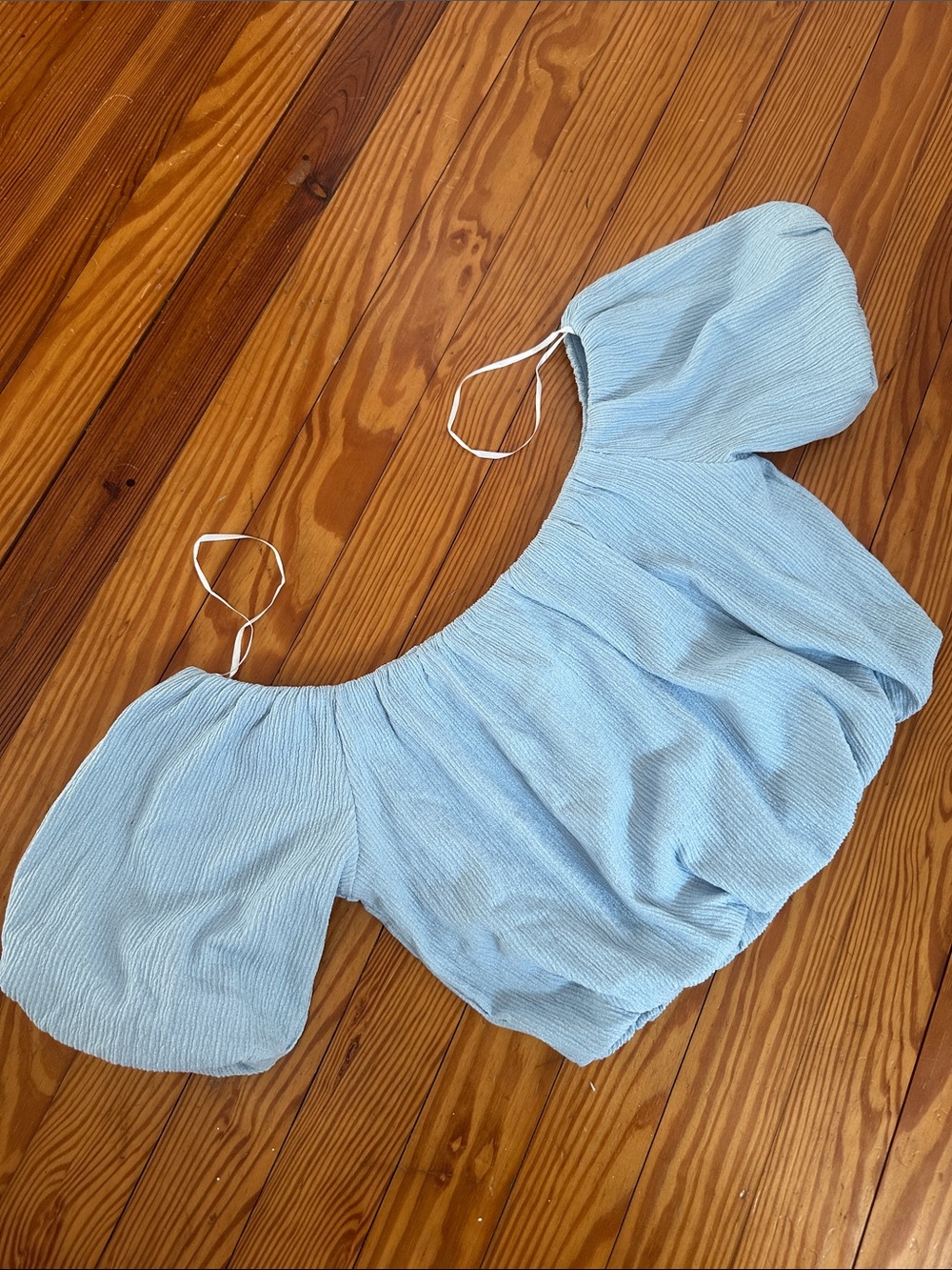 H&M Light Blue Bardot Puff Sleeve Crop Top, off shoulder lined baby blue top